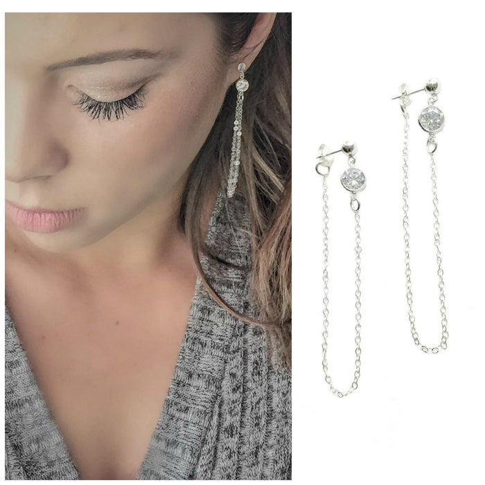 Sterling Silver CZ Diamond Chain Loop Earrings – Modern Linked Drop Earrings