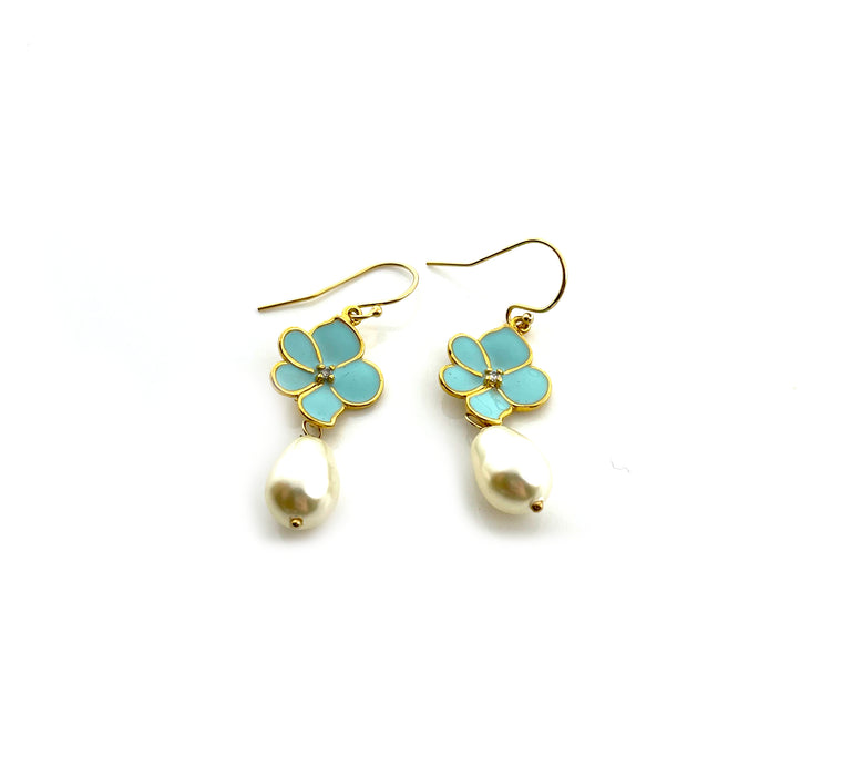 Aqua Flower and Glass Pearl Earrings in 14k Gold Fill