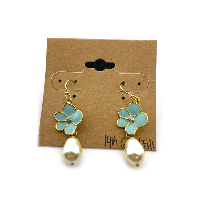 Aqua Flower and Glass Pearl Earrings in 14k Gold Fill