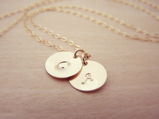 14k gold filled two-initial disc necklace, hand stamped personalized monogram jewelry