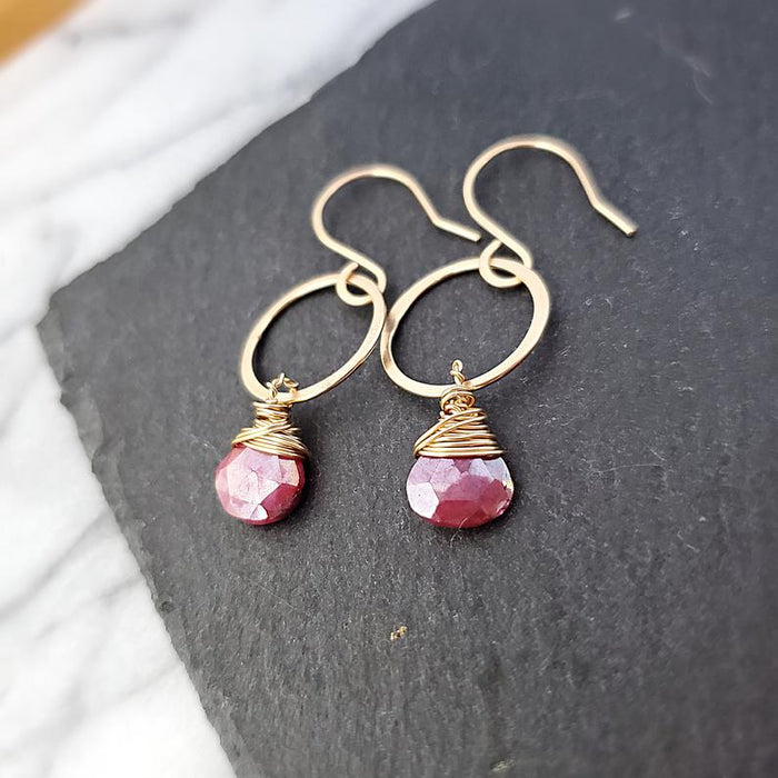 Ruby Quartz Earrings - 14k Gold Fill Earrings - Hammered Gemstone Hoop Earrings