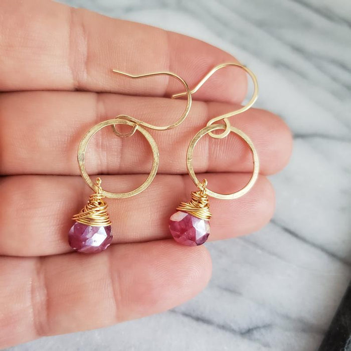 Ruby Quartz Earrings - 14k Gold Fill Earrings - Hammered Gemstone Hoop Earrings