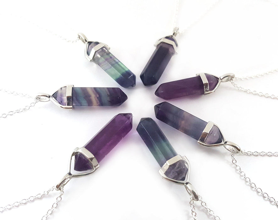 Rainbow Flourite Gemstone Crystal Pendant Necklace - Crystal Point Necklace - Sterling Silver Necklace - Simple Everyday Jewelry - Gift