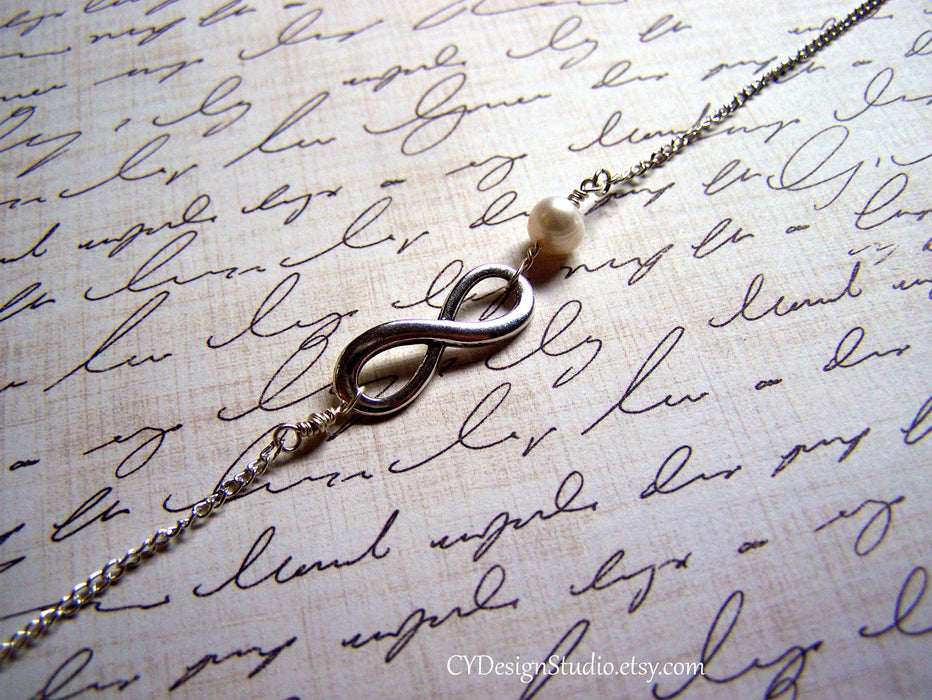 Silver Infinity and Genuine Freshwater Pearl Infinite Love Sterling Silver Bracelet / Gift for Her / Bridesmaids Bracelet