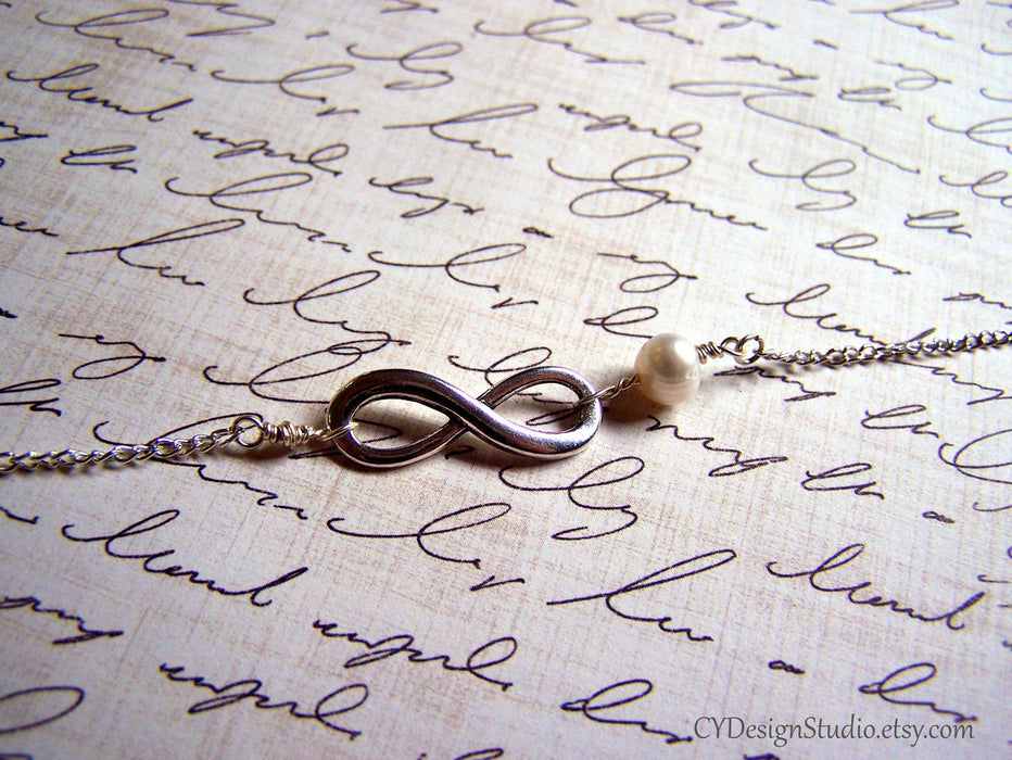 Silver Infinity and Genuine Freshwater Pearl Infinite Love Sterling Silver Bracelet / Gift for Her / Bridesmaids Bracelet