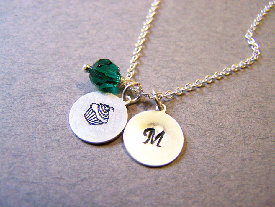 Monogrammed Sterling Silver Initial Swarovski Crystal Birthstone Birthday Cupcake Necklace / Gift for Her