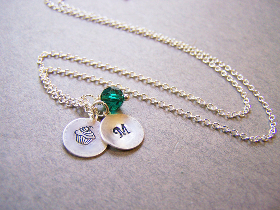 Monogrammed Sterling Silver Initial Swarovski Crystal Birthstone Birthday Cupcake Necklace / Gift for Her