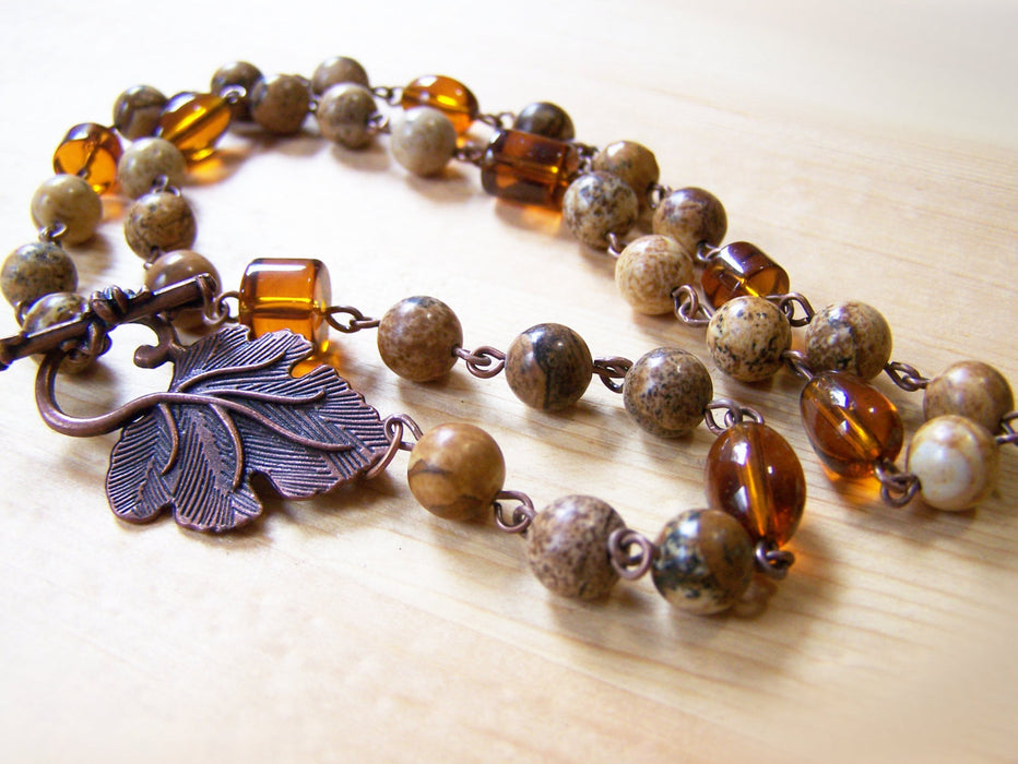 Natural Jasper Stone Amber Glass Copper Beaded Necklace / Gift for Her