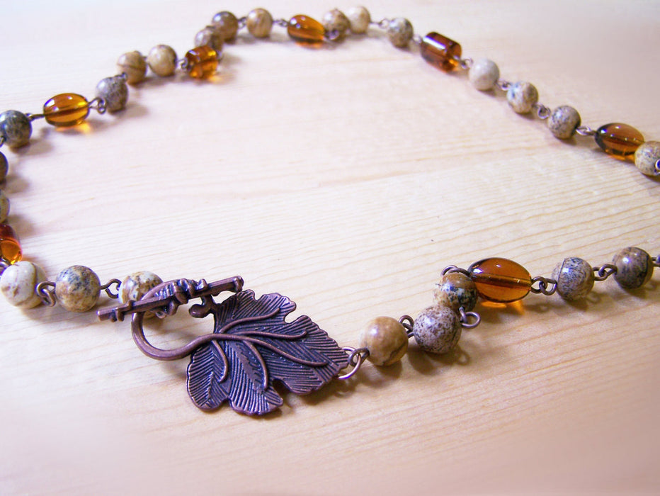 Natural Jasper Stone Amber Glass Copper Beaded Necklace / Gift for Her