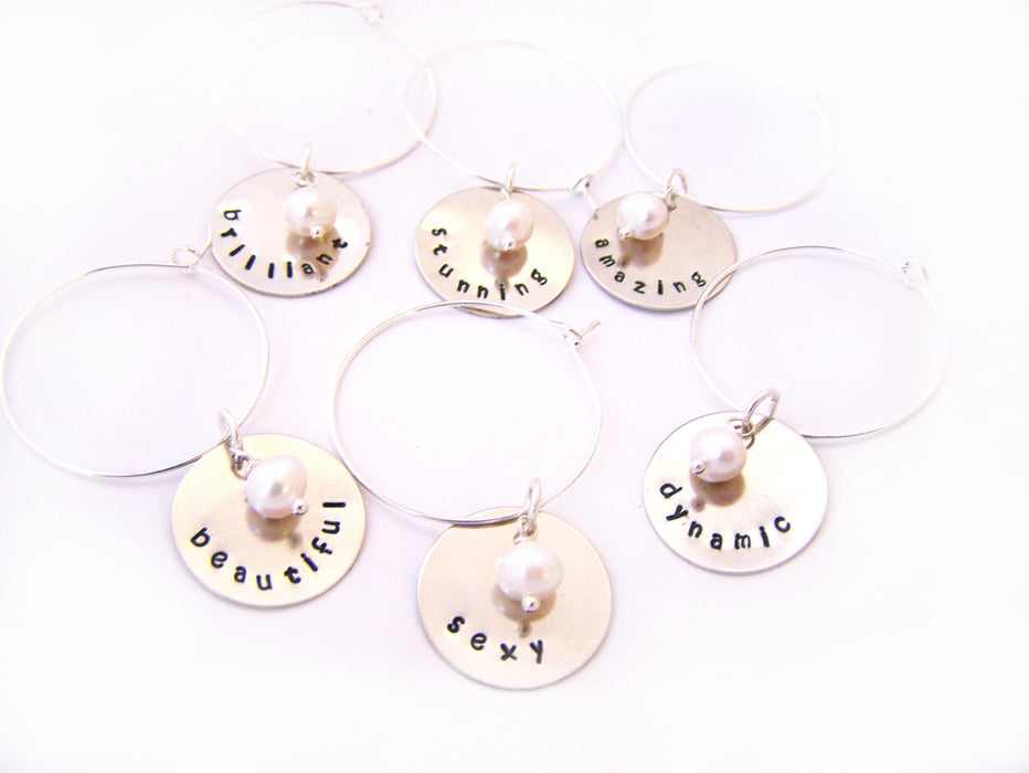 Set of 6 Silver Hand Stamped Freshwater Pearl Wine Charms / Champagne Charms