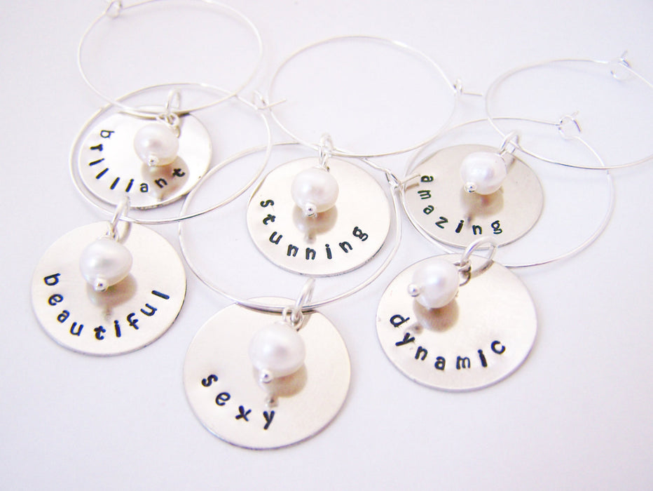 Set of 6 Silver Hand Stamped Freshwater Pearl Wine Charms / Champagne Charms