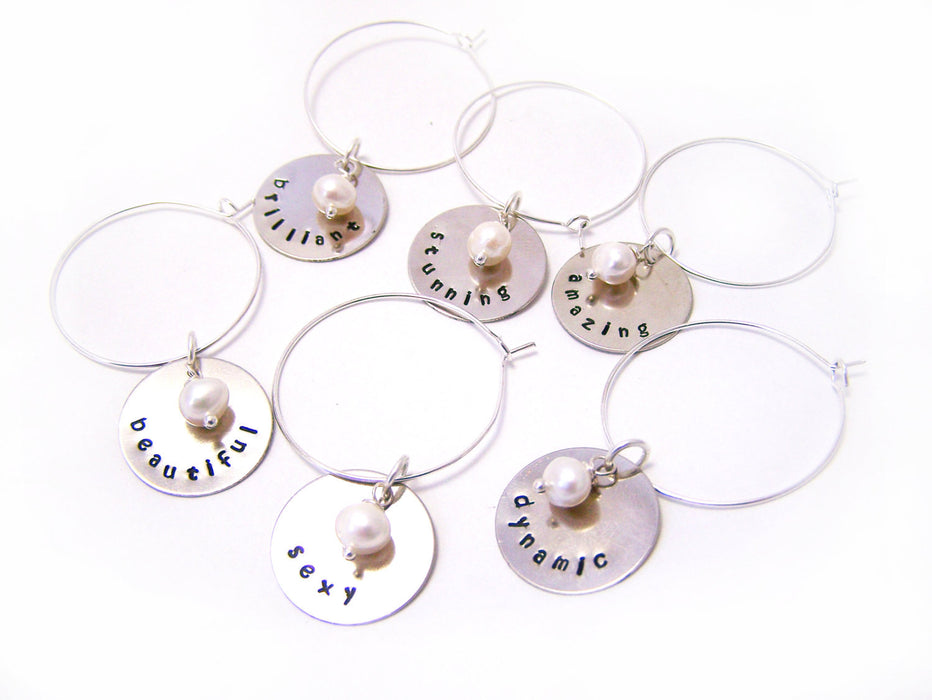 Set of 6 Silver Hand Stamped Freshwater Pearl Wine Charms / Champagne Charms