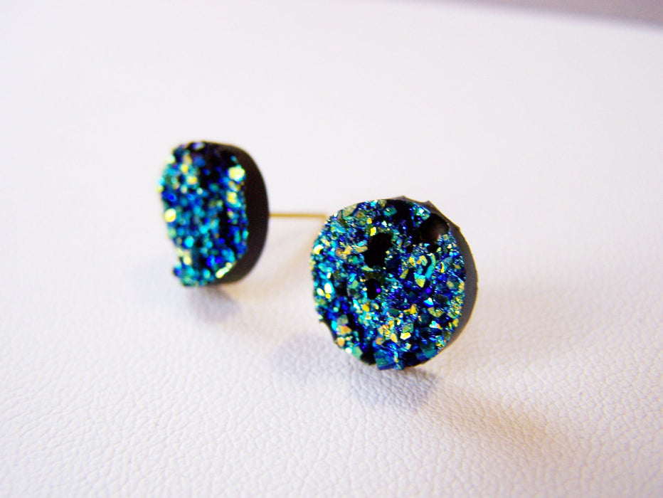 Sparkling Blue Faux Druzy Stud Post Earrings / Gift for Her