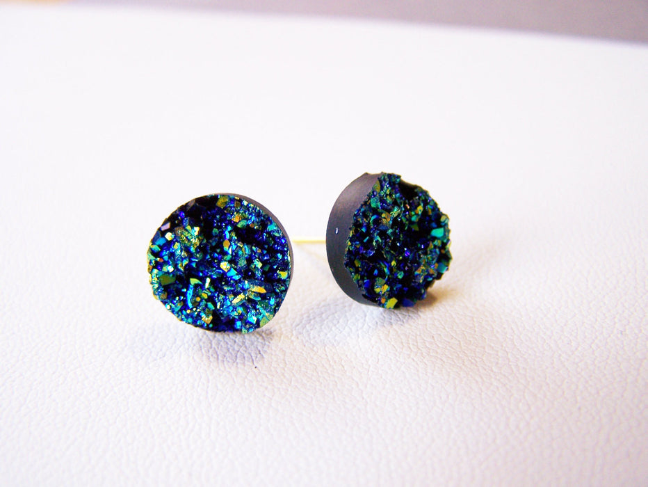 Sparkling Blue Faux Druzy Stud Post Earrings / Gift for Her