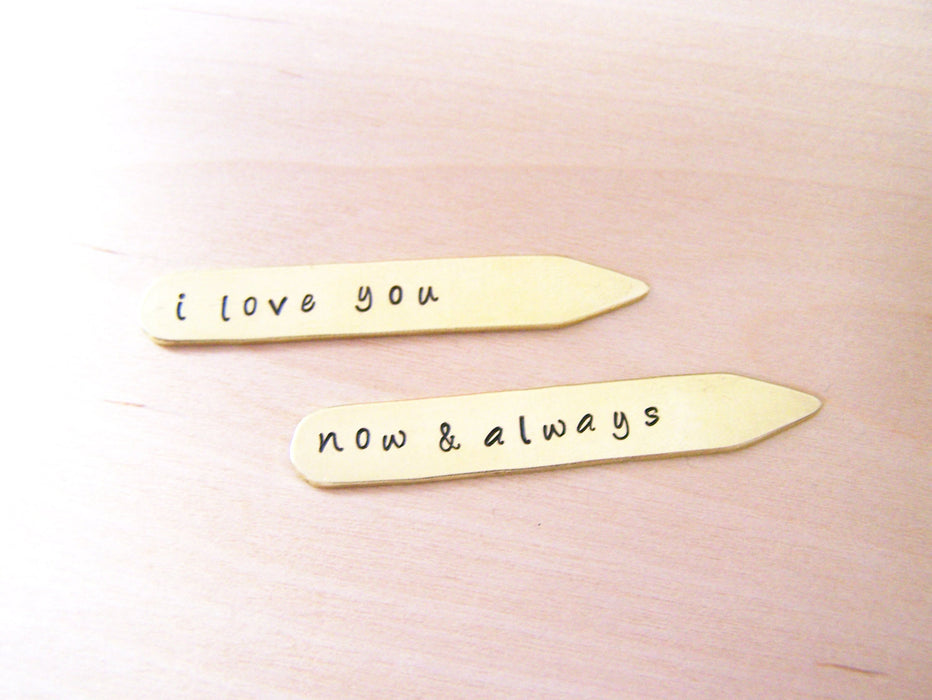 I Love You Custom Message Hand Stamped Brass Monogrammed Collar Stays / Gift for Him