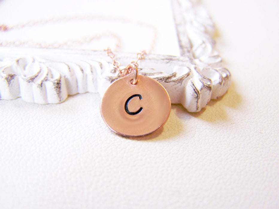 Handstamped Initial Disc Monogrammed 14k Rose Gold Filled Personalized Necklace