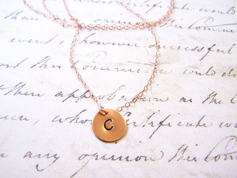 Handstamped Initial Disc Monogrammed 14k Rose Gold Filled Personalized Necklace