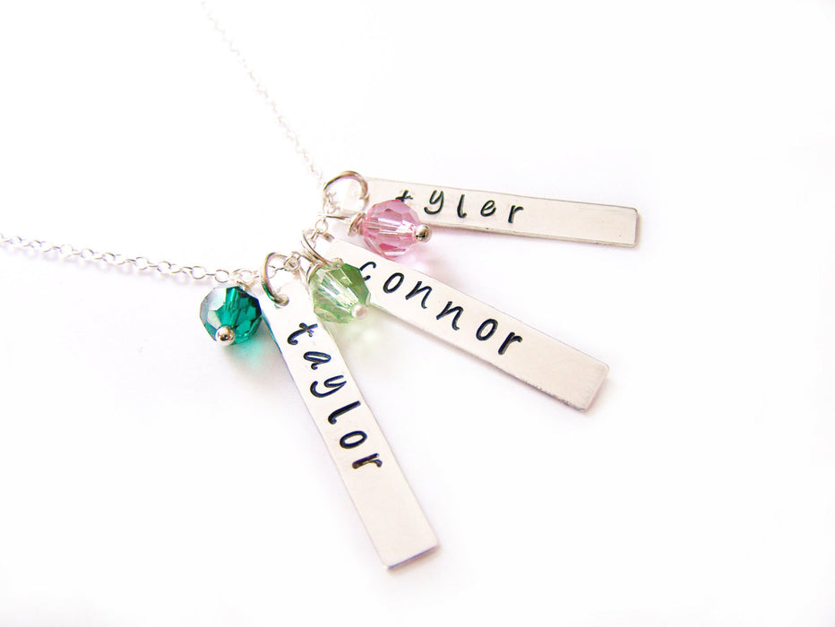 Personalized Three Names Hand Stamped Bar Swarovski Birthstone Necklace