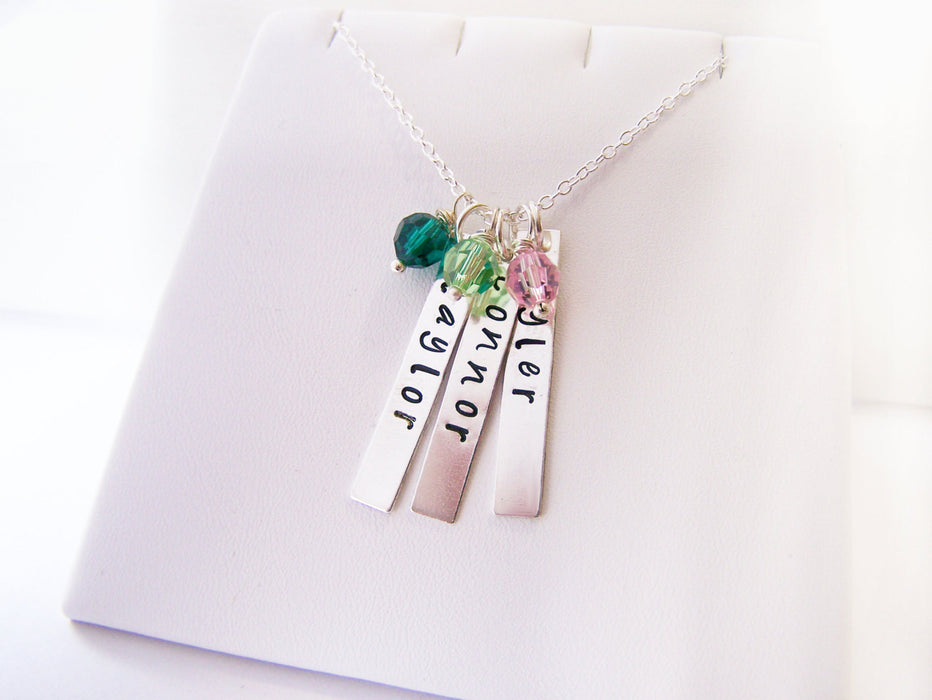 Personalized Three Names Hand Stamped Bar Swarovski Birthstone Necklace