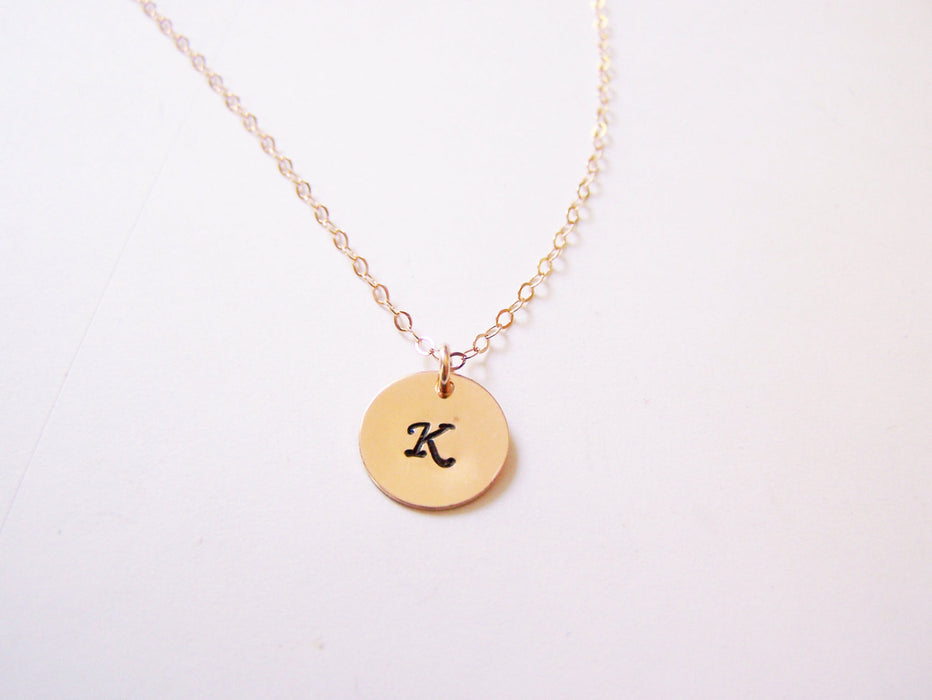 Handstamped Initial Disc Monogrammed 14k Rose Gold Filled Personalized Necklace