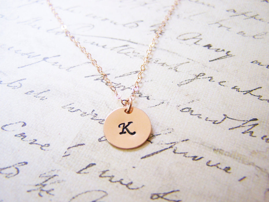 Handstamped Initial Disc Monogrammed 14k Rose Gold Filled Personalized Necklace