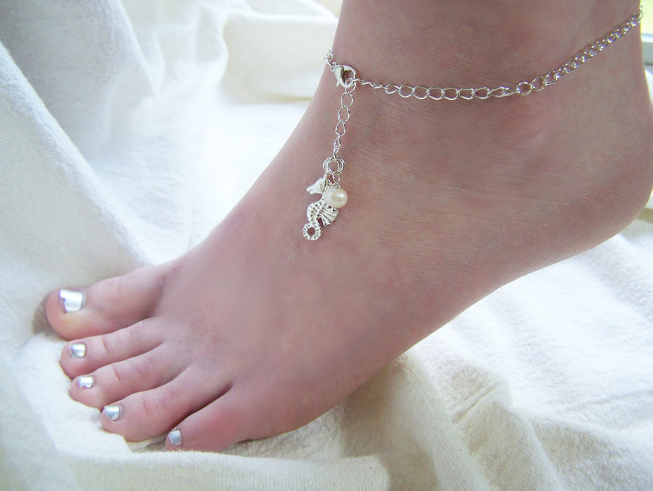 Silver Seahorse Freshwater Pearl Beaded Chain Nautical Adjustable Anklet