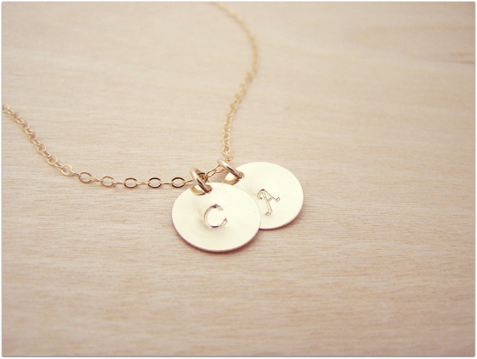 Hand Stamped Initial Disc 14k Gold Filled Personalized Monogram Necklace