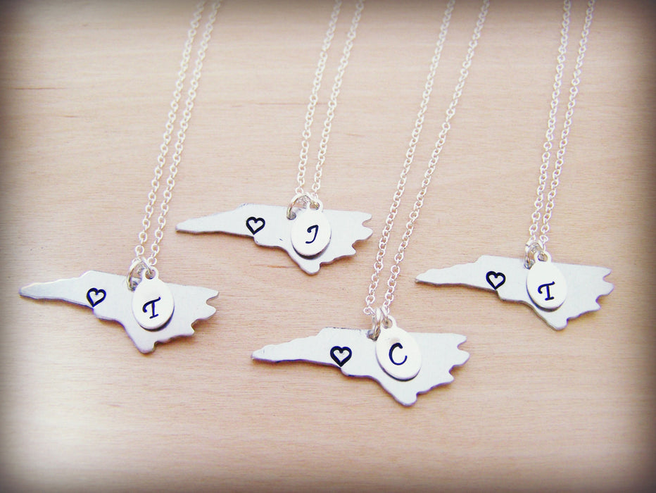 Hand Stamped Heart Initial Home State Sterling Silver Necklace - All 50 States Available