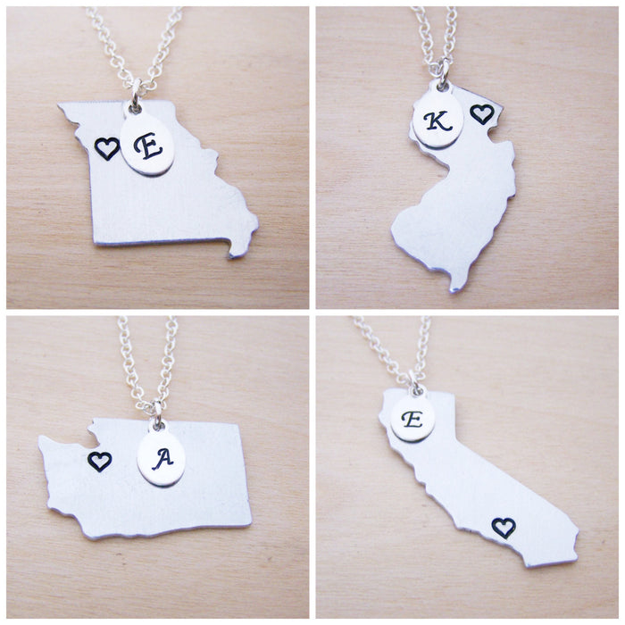 Hand Stamped Heart Initial Home State Sterling Silver Necklace - All 50 States Available