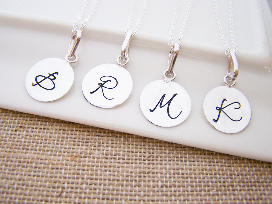 Silver Script Hand Stamped Initial Personalized Sterling Silver Necklace