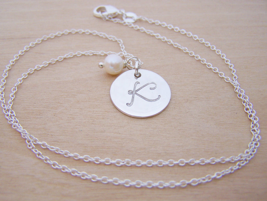 Sterling Silver Script Hand Stamped Initial Freshwater Pearl Personalized Necklace