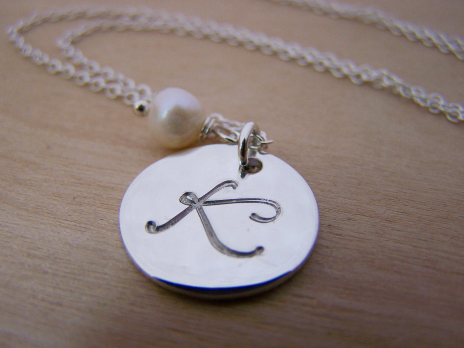 Sterling Silver Script Hand Stamped Initial Freshwater Pearl Personalized Necklace