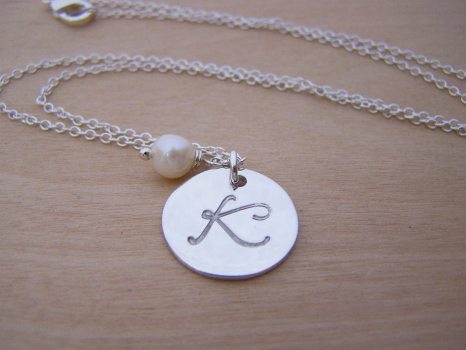 Sterling Silver Script Hand Stamped Initial Freshwater Pearl Personalized Necklace