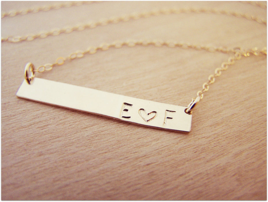 Gold Filled Bar Minimalist Hand Stamped Two Initial Heart Horizontal Bar Necklace / Gift for Her