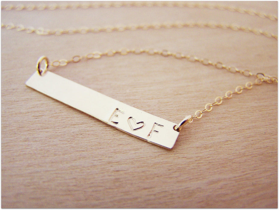 Gold Filled Bar Minimalist Hand Stamped Two Initial Heart Horizontal Bar Necklace / Gift for Her