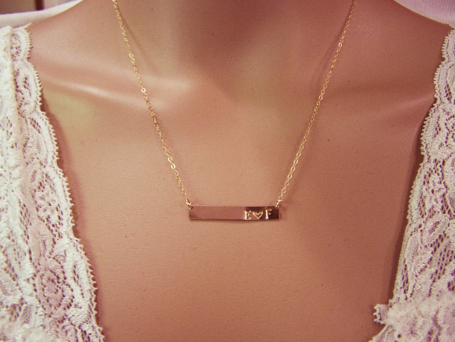 Gold Filled Bar Minimalist Hand Stamped Two Initial Heart Horizontal Bar Necklace / Gift for Her