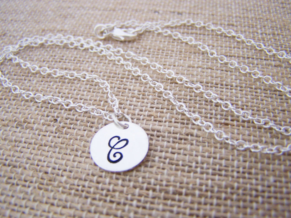 ONE INITIAL Disc Dainty Silver Hand Stamped Initial Personalized Bridesmaid Necklace