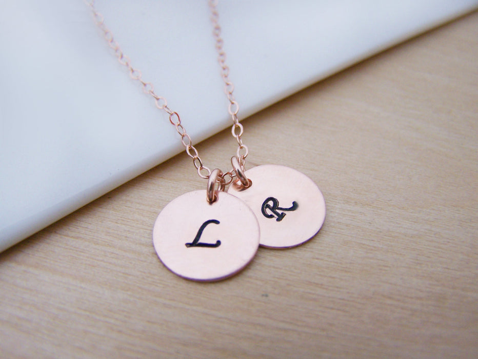 TWO INITIAL Disc Dainty Rose Gold Hand Stamped Initial Personalized Bridesmaid Necklace