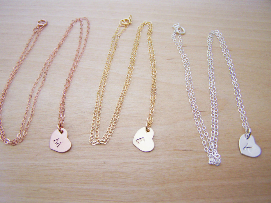 Tiny Heart Initial Disc Necklace / Gift for Her