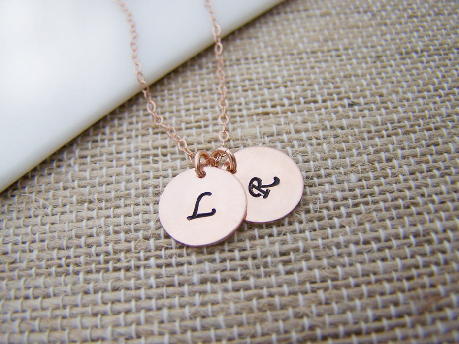 TWO INITIAL Disc Dainty Rose Gold Hand Stamped Initial Personalized Bridesmaid Necklace