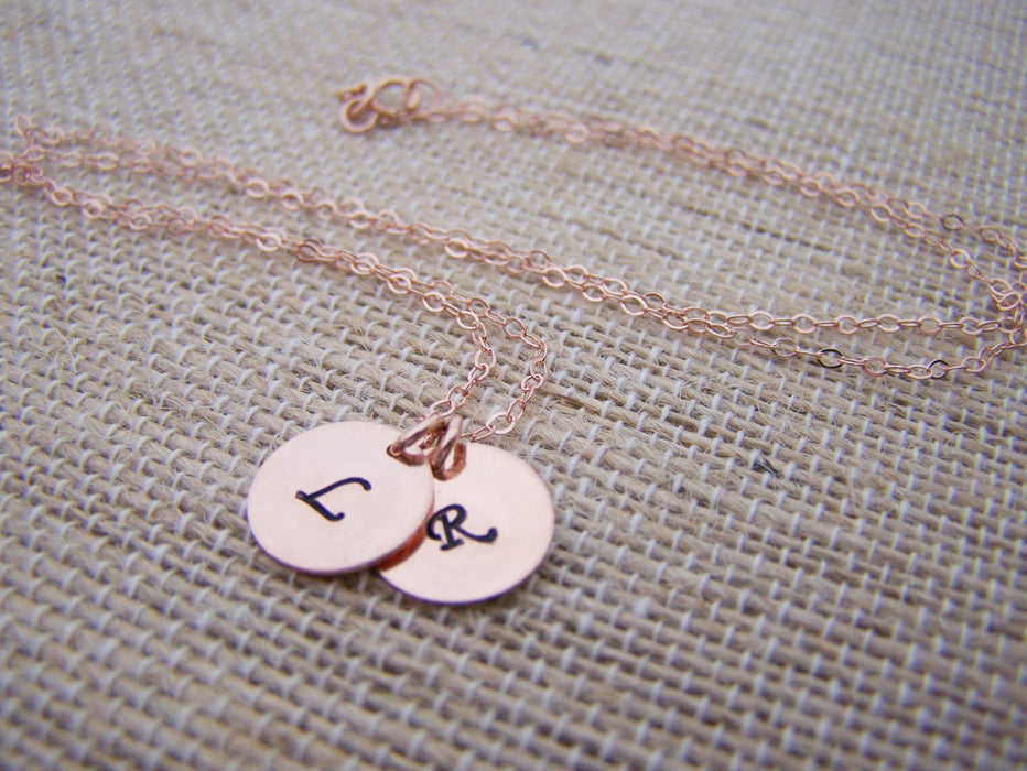 TWO INITIAL Disc Dainty Rose Gold Hand Stamped Initial Personalized Bridesmaid Necklace