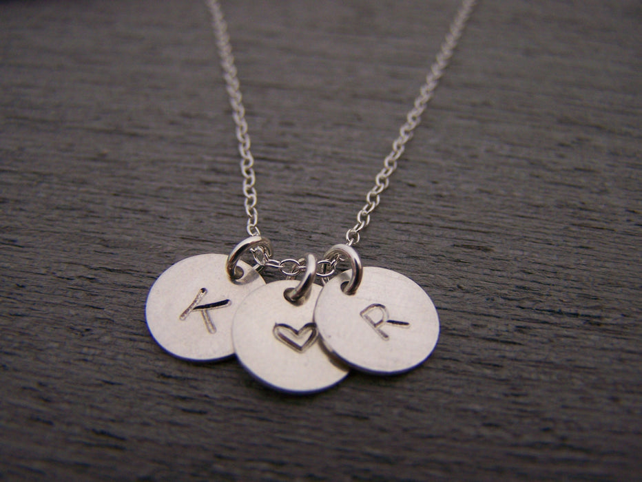 Two Initial Three Disc Heart Hand Stamped Personalized Sterling SIlver Necklace