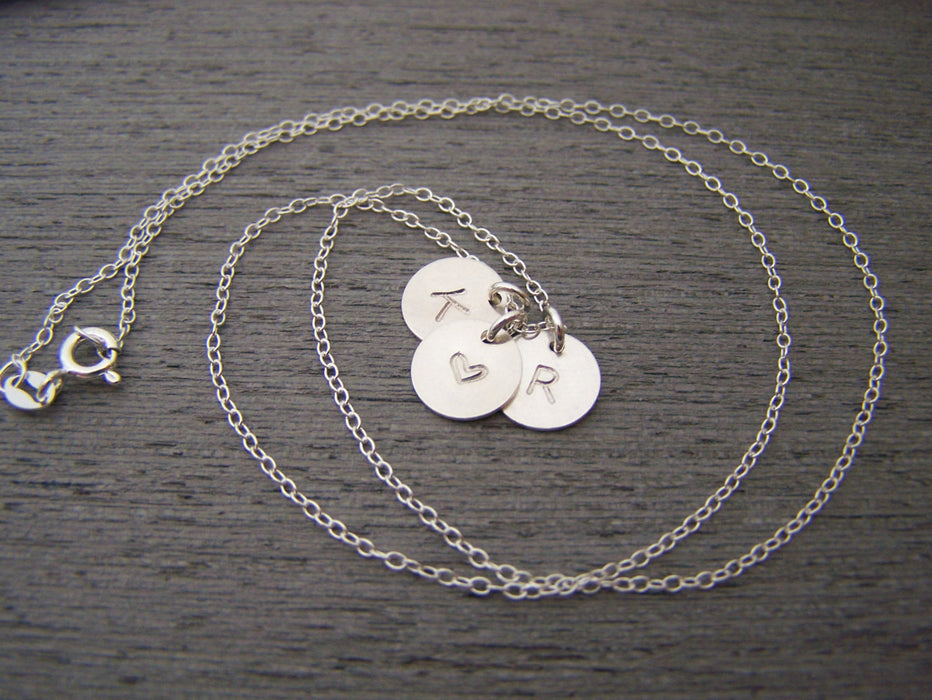 Two Initial Three Disc Heart Hand Stamped Personalized Sterling SIlver Necklace