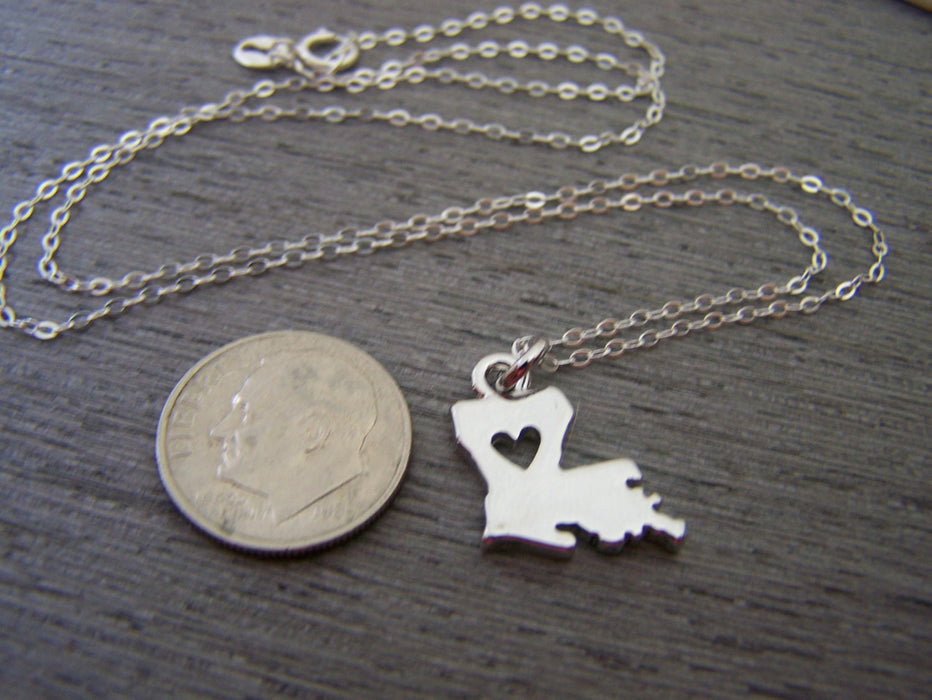 Louisiana State Heart Cut Out Charm Sterling Silver Necklace / Gift for Her - Louisiana Necklace - State Necklace - Geography Necklace