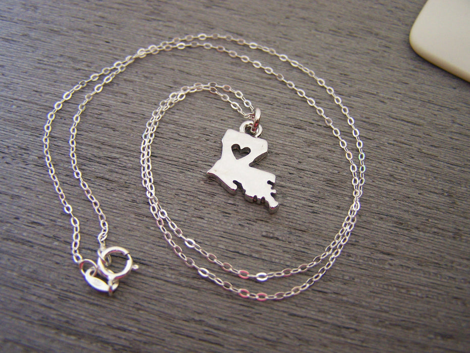 Louisiana State Heart Cut Out Charm Sterling Silver Necklace / Gift for Her - Louisiana Necklace - State Necklace - Geography Necklace