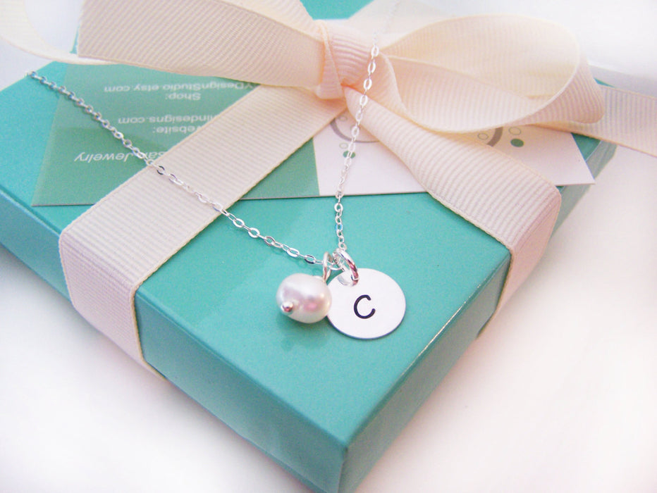 Simple Initial Necklace - Sterling Silver - Freshwater Pearl - Bridesmaid Gift