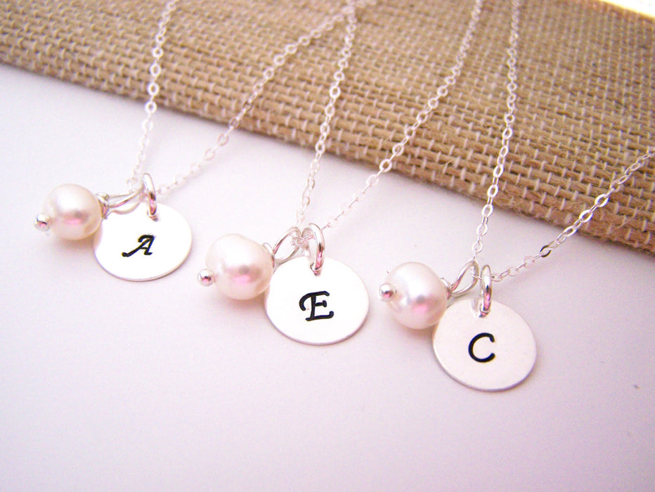 Simple Initial Necklace - Sterling Silver - Freshwater Pearl - Bridesmaid Gift