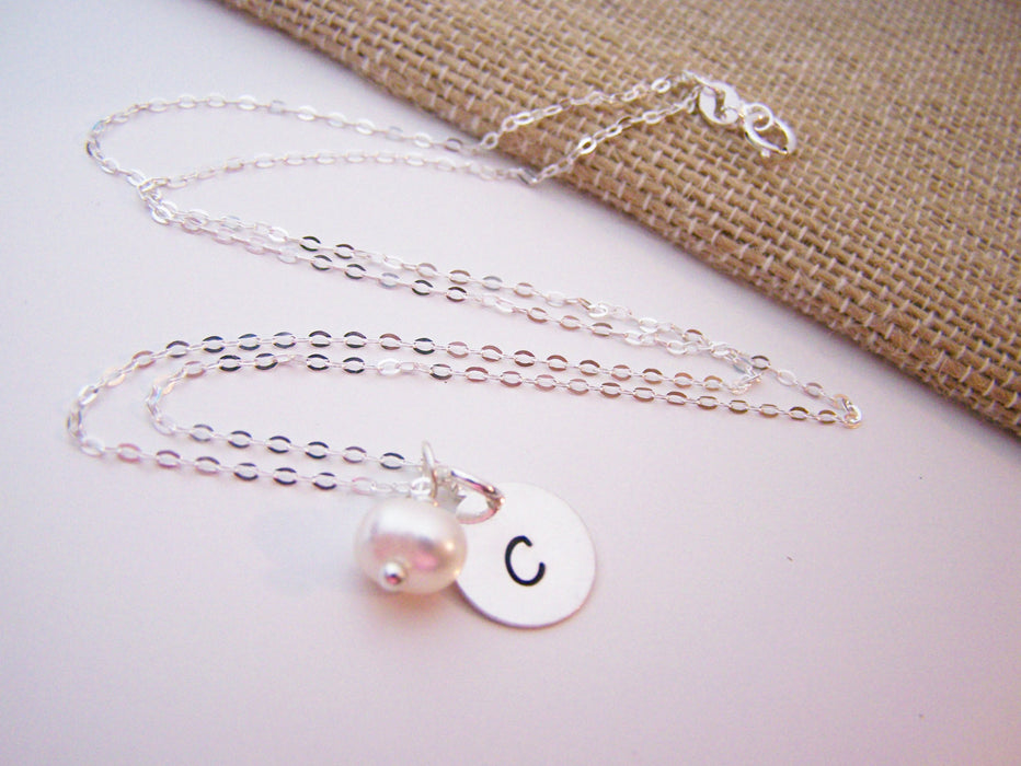 Simple Initial Necklace - Sterling Silver - Freshwater Pearl - Bridesmaid Gift