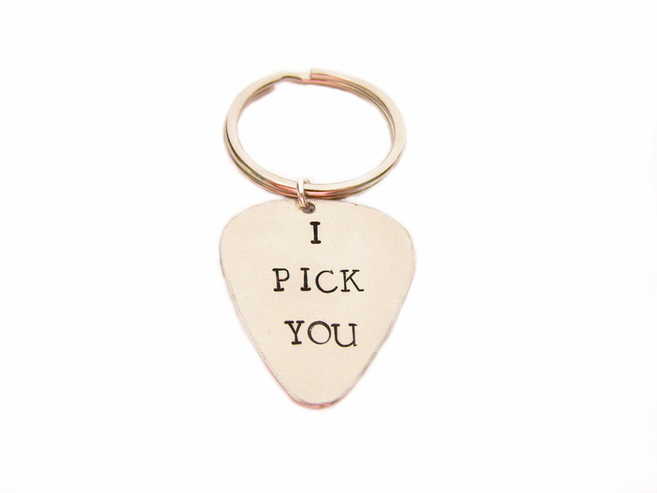 I Pick You Hand Stamped Guitar Pick Keychain