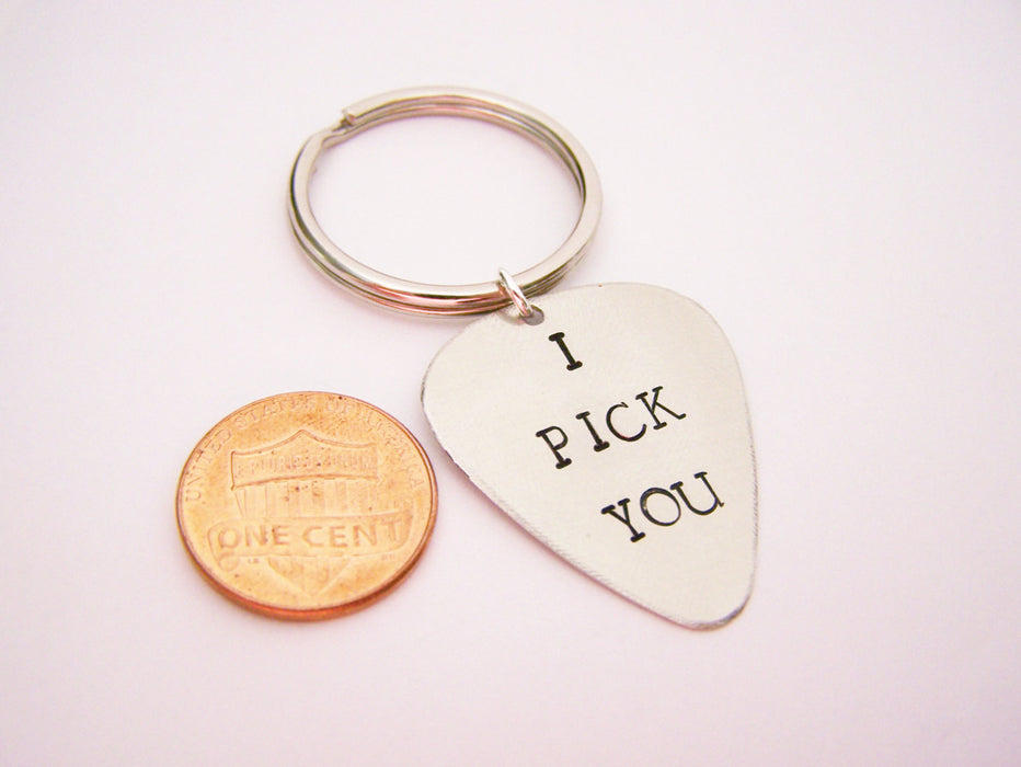 I Pick You Hand Stamped Guitar Pick Keychain